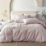 JIYUAN 100% Washed Cotton Duvet Cover Set 3 Pieces Queen, 1 Duvet Cover 90x90 Inches (Comforter Not Included) and 2 Pillowcases,Linen Feel Bedding Set Comfy and Breathable, Heathered Greyish Pink