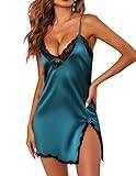 Ekouaer Womens Nightgown Silk Nighty Satin Nightie Lace Chemise Slip Silk Negligee Bridal Babydoll,Blue Green, Medium