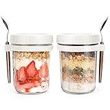 Overnight Oats Jars with Spoon and Lid 16 oz [2 Pack], Airtight Oatmeal Container with Measurement Marks, Mason Jars with Lid for Cereal On The Go Container (2pcs white)