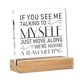 Funny Office Decor for Women, If You See Me Talking to Myself We're Having a Team Meeting Clear Desk Decorative Acrylic Sign With Wooden Stand for Desk Table Shelf