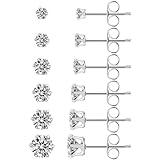 Ringcal 6 Pairs Stainless Steel Stud Earrings Set Hypoallergenic Cubic Zirconia 14K White Gold CZ Earrings for Women (6pairs-Silver)