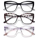 ORANZI Reading Glasses for Women, 3 pack Fashion Oversized Blue Light Readers for Women, Spring Hinge Cat Eye Glasses Anti Eyestrain (A1 Mix, 0.00)