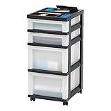 IRIS USA Plastic Drawer Storage Organizer Rolling Cart, with Wheels Casters, 4-Drawers, for Classroom Art Craft Supplies Dresser Closet Bathroom Laundry Room, Black/Pearl