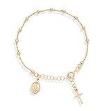 Miabella 18K Gold Over Sterling Silver Italian Rosary Cross Bead Charm Link Chain Bracelet for Women, Adjustable, 925 Made in Italy (Length 7-8 Inch)