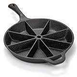 WUWEOT Cast Iron Wedge Pan, Round Corn Bread Skillet, 8-edges Biscuit Pan Mini Cake Pan with Long Handle for Scones, Corn Stick, Muffins, Cupcakes and Brownies