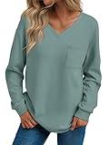 Trendy Queen Womens Long Sleeve Tops Casual Shirts V Neck Clothing Fall Fashion Clothes with Pocket Light Green S