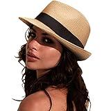 DRESHOW Women Straw Sun Hat Short Brim Panama Travel Fedora Beach Cap Roll Up Summer Hat for Men UPF 50+