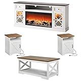 AMERLIFE 4 Pieces Living Room Table Sets, 70" Fireplace TV Stand with 37" Fireplace & 7 Colors LED Light, Coffee Table & 2 End Tables with Charging Station and USB Ports, Living Room, Distressed White