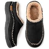 Zigzagger Men's Slip On Moccasin Slippers, Indoor/Outdoor Warm Fuzzy Comfy House Shoes, Fluffy Wide Loafer Slippers,Black, 9-10 D(M) US