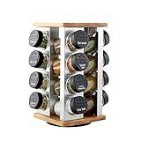 Kamenstein 16 Jar Warner Revolving Countertop Spice Rack Organizer with Lift & Pour Caps and Spices Included, FREE Spice Refills for 5 years, Stainless Steel & Bamboo with Black Caps