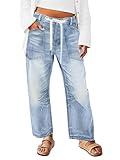 Flamingals Wide Leg Mid Waist Causal Baggy Barrel Jeans for Women Drawstring Eyelet Waist Denim Pants Sky Blue L