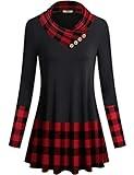 Miusey Women's Buffalo Plaid Cowl Neck Tunic Top, Button-Embellished Long Sleeve Cotton-Blend Shirt, Red 2XL