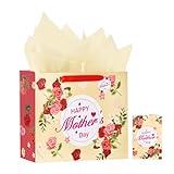 Usmilegift 13" Mothers Day Gift Bags with Greeting Card and Tissue Paper for Woman, Moms, Grandmas, Nanas-Elegant Floral & Gold Foil Happy Mother's Day Lettering