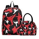 BiCca Martial Arts Pattern Backpack for Kids, Girls Boys Lightweight Elementary Bookbag with Lunch Box