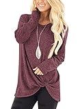 SHIBEVER Long Sleeve Women Tops: Fall Casual Tunic Shirts for Womens Round Neck Twist Knotted Tee Blouses Wine Red XL