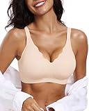 OEAK Womens Comfortable Bras Wireless Bra Push Up Bralettes Soft Seamless Brassiere with Support V Neck Scalloped Everyday Bra Nude L