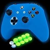 HLRAO Blue Silicone Cover Skin for Xbox One S/X Controller Glow in The Dark Anti-Slip Soft Rubber Case Protector Accessories Set with 8 Glow in The Dark Thumb Grips Caps + 2 Cute Cat Paw Caps.