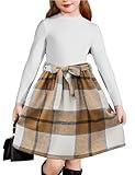 Arshiner Girls Dresses Long Sleeve Rib Knit Plaid Patchwork Belted Dress with Pockets White/Brown Plaid Tween 12