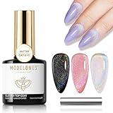 modelones Cat Eye Gel Top Coat, 2 in one Cat Eye Gel Nail Polish Glitter with Magnet Stick 9D Holographic Glossy Sparkle Finish Long Lasting Soak Off Rainbow Glitter Gel Polish Nail Art Supplies