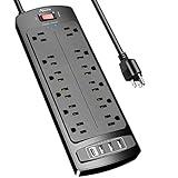 Power Strip, ALESTOR Surge Protector with 12 Outlets and 4 USB Ports, 6 Feet Extension Cord (1875W/15A), 2700 Joules, ETL Listed, Black