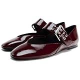 YIYA Women's Burgundy Ballet Flats Shoes for Fall with Buckle Strap Patent Leather Closed Round Toe Cherry Red Mary Jane Comfortable Dress Casual Shoes