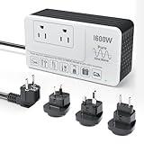 1600W Voltage Converter 220V to 110V, Pure Sine Wave - Power Any American Appliance Overseas, No Limitations, Surge Protection, Plug Adapters C, G, I, E/F for US to Europe, Asia Over 160 Countries