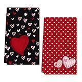 ARKENY Valentines Day Kitchen Towels Set of 2,Black Red Watercolor Heart Dish Towels 18x26 Inch Drying Dishcloth,Farmhouse Home Wedding Decoration AD184