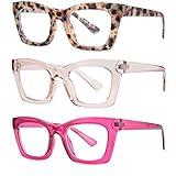 bullabulling 3 pack Oprah style Spring hinge Readers Blue Light Blocking Computer Square Reading Glasses for Women Men (flowers/tea/rose, 1.75)