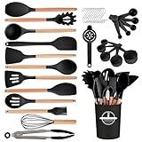 Gaixvny Kitchen Utensils Set - 34 PCS Non-Stick Silicone Cooking Utensils Set with Wooden Handle,Kitchen Gadgets Tools Set for Nonstick Cookware (Black-34P)