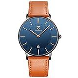 BEN NEVIS Watch, Mens Watch, Minimalist Fashion Simple Wrist Watch Analog Date with Leather Strap Orange Blue