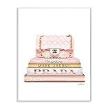 Stupell Industries Fashion Designer Purse Bookstack Pink White Gold Watercolor Wall Plaque Art, 10 x 15, Multi-Color