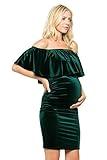 My Bump Maternity Dress Velvet - Premium Soft Stretch Ruffle Cold Shoulder Baby Shower Photography Party Bodycon Hunter Green Medium