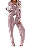 Aamikast Women's Two-piece Classic knit Pajama Sets Long Sleeve Button Down Sleepwear (L, Pink)