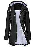 Women Rain Jacket Belted Adjustment Hooded Long Lightweight Packable Outerwear Waterproof Breathable Cotton Lined Raincoat Black M