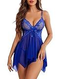 Avidlove Women Lingerie Lace Babydoll V Neck Sleepwear Strap Chemise Blue M