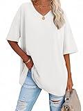 ATHMILE Cotton T Shirts Womens Oversized V Neck Tees Half Sleeve Cozy Comfy Tunic 2024 Y2K Tops Casual White