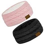 Loritta 2 Pack Headbands for Women Winter Warm Cable Knit Ear Warmer Thick Head Wrap Fuzzy Fleece Lined Gifts, Pure Color Black+Pink