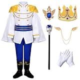 RuuYiicoco Boys Prince Charming Costume Cosplay Dress-Up Medieval Royal King Outfits for Kids (Blue, 7-8 Years)