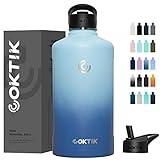 COKTIK 128 oz/One Gallon Water Bottle Insulated, Double Walled Vacumm Metal Stainless Steel Sports Water Bottle with Reusable 2 Lids for Sports, Gym, Fitness or Office(Blue Waves)