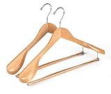 Luxury Wide Shoulder Wooden Hangers 2 Pack, with Locking Bar, Smooth Natural Finish Wood Suit Hanger Coat Hanger for Closet, Holds Upto 20lbs, 360° Swivel Hook, for Jacket, Dress Heavy Clothes Hangers