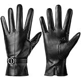 Womens Winter Leather Gloves Touchscreen Texting Warm Driving Lambskin Gloves (Black, M)