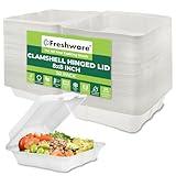 Freshware Compostable Clamshell Food Containers [8x8" 50-Pack] Disposable To Go Containers, Biodegradable Sugarcane To Go Boxes - Heavy Duty Paper Containers - Microwave & Freezer Safe, Stackable