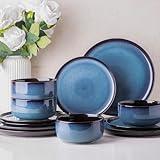 LeRatio Ceramic Dinnerware Sets for 4,Porcelain Plates and Bowls Sets,Handmade Reactive Glaze Dishes Set,Chip Resistant and Scratch Resistant | Oven&Dishwasher & Microwave Safe,Service for 4-Blue