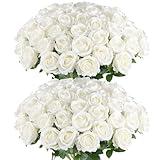 Hananona Artificial Roses in Bulk, Fake Silk Roses Realistic Roses for Wedding Centerpieces Flower Arrangement Home Decor (50, White)