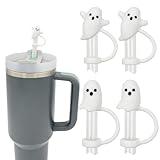 LUOLAO Cute Ghost Straw Covers Cap Compatible with Stanley Cup 30 40 oz, 4PCS Silicone Reusable Drinking Straw Topper Including 2 styles, Funny Tumbler Accessories Perfect Halloween Decorations