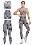 SALSPOR 3 Piece Workout Sets for Women Butt Lifting Leggings with High Impact Sports Bra Gym Shorts Activewear Matching Set(3DWX-Tie Dye Black-L)