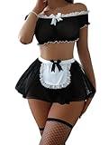 Foxiny Sexy Stockings Mini Skirt Mesh Sheer Lace Halloween Costume Maid Outfit Lingerie with Thong Set 4 Piece Women Roleplay See Through Matching Bra Panty Underwear Black Medium