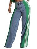 Angsuttc Wide Leg Denim Pants High Waist Patchwork Stripes Loose Jeans Colorblock Straight Leg Pant Green L