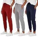 Real Essentials Womens Fleece Jogger Sweatpants with Pocket Sweat Pants Warm Soft Winter Running Bottoms French Terry Sports Lounge Active Ladies Clothing Clothes Fashion, Set 9, XS, Pack of 3