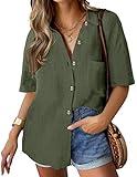 HOTOUCH Womens Cotton Blouse Button Down V Neck Shirts Short Sleeve Blouse Summer Beach Linen Tops Army Green